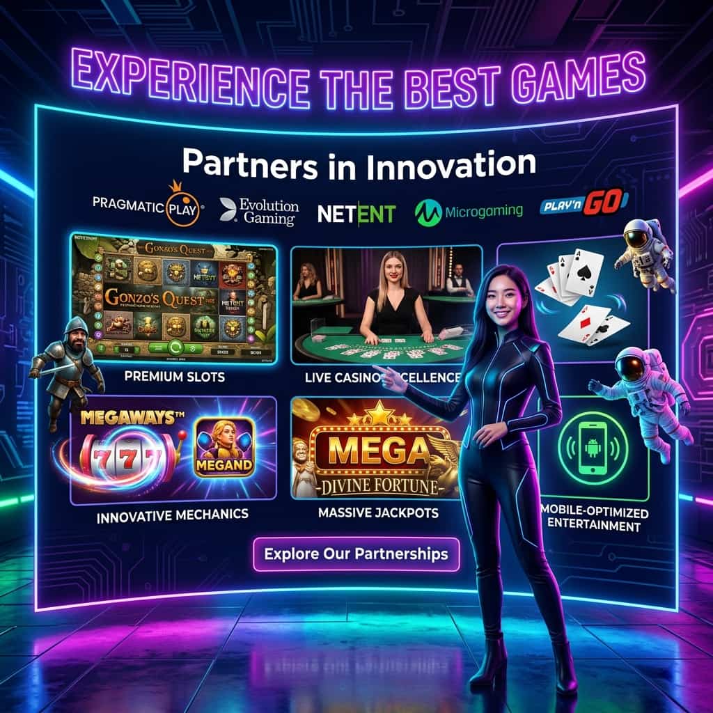 An Asian female presenter stands in front of a massive, interactive screen displaying a collage of popular online casino games from leading software developers, including Pragmatic Play, Evolution Gaming, NetEnt, Microgaming, and Play'n GO, conveying a sense of collaboration and innovation in the online gaming industry, with a focus on premium slots, live casino, innovative game mechanics, massive progressive jackpots, and mobile-optimized entertainment, the image features a neon-lit futuristic style, with clear typography and subtle background textures, creating a captivating visual experience that sparks curiosity and encourages engagement, while highlighting the diversity and quality of the games and the partnerships between Lucky365 and the leading software developers.