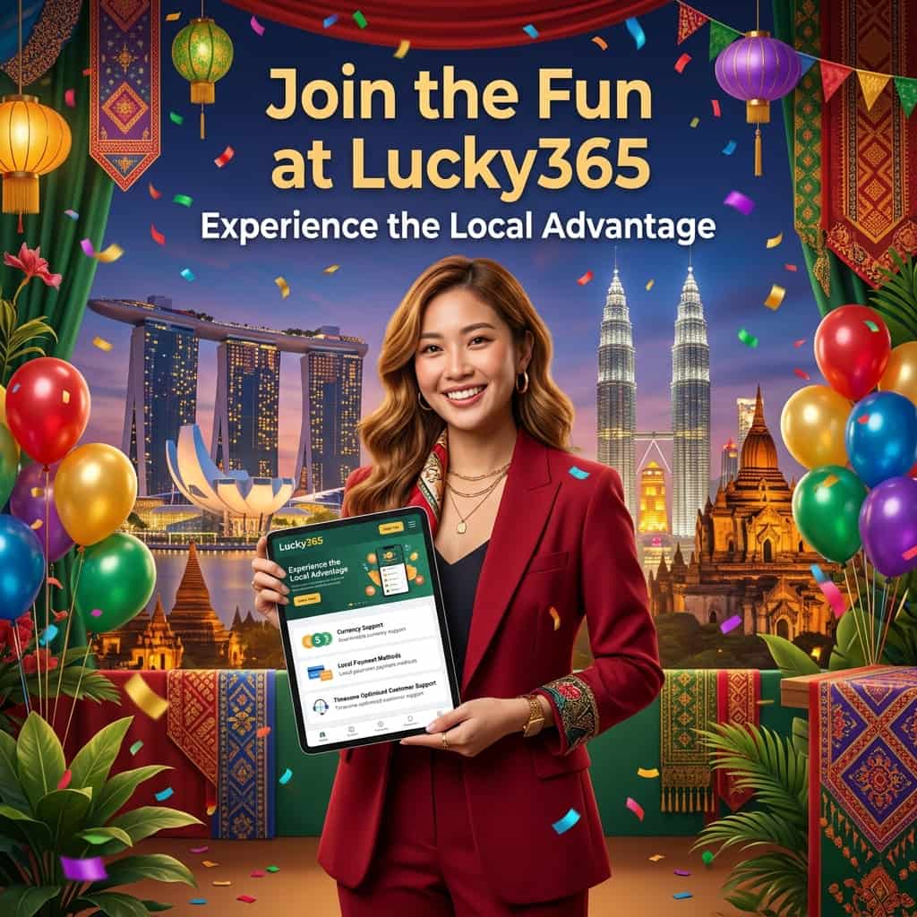 Image of an Asian female presenter celebrating the Lucky365 Advantage, showcasing a localized experience for Singapore and Southeast Asia, with multiple currency support, local payment methods, and timezone-optimized customer support, featuring a vibrant and welcoming setting, with bold colors, vibrant lighting effects, and a colorful palette, highlighting the benefits of playing at Lucky365, with clear, readable typography and a sleek UI mockup visual style, embodying a sense of excitement, celebration, and community.
