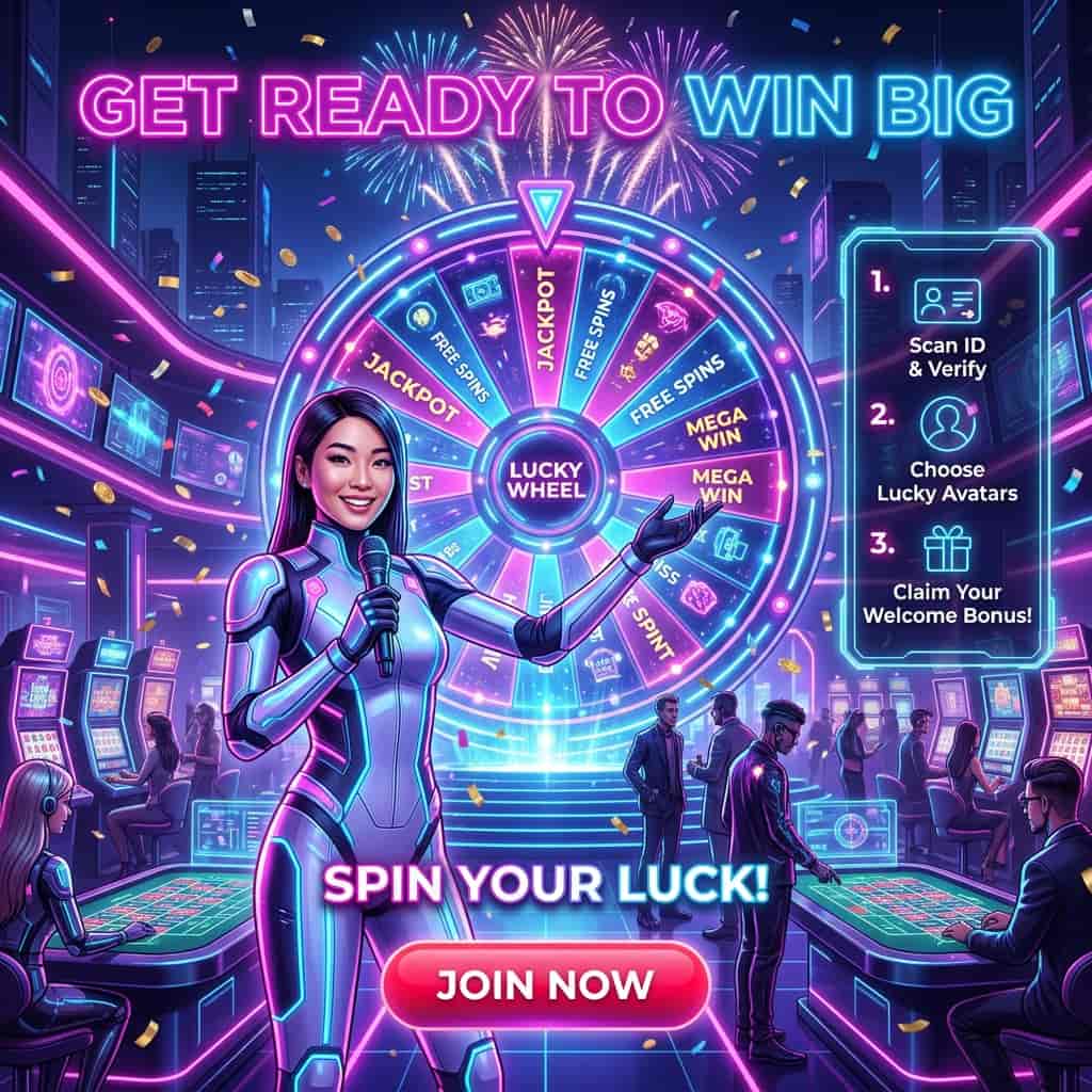 A futuristic, cyberpunk-themed casino image featuring an Asian female presenter, with a lucky wheel, slot machines, and registration process, in a vibrant, neon-lit setting, conveying excitement and energy, perfect for online gaming and casino enthusiasts, with a focus on getting started and winning big, using bold colors and typography to capture attention and spark engagement.
