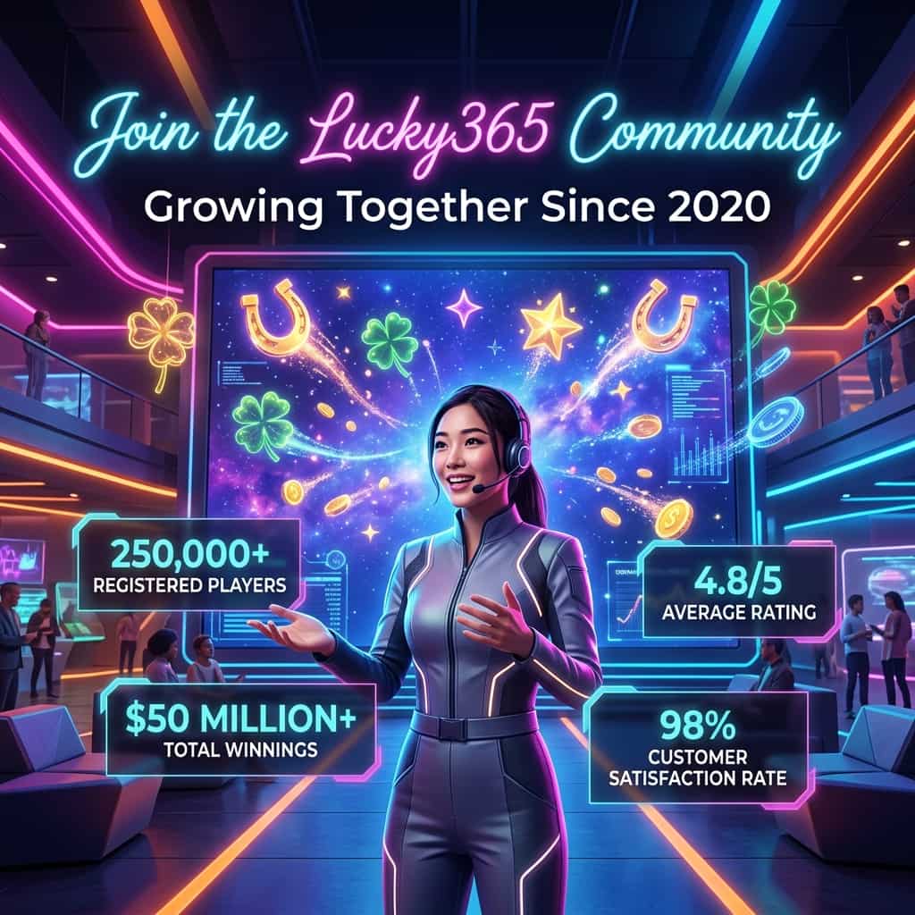 Image of a vibrant community setting with an Asian female presenter, highlighting the Lucky365 Community's growth and achievements, including 250,000+ registered players, $50 million+ in total winnings, and a 4.8/5 average rating, with a focus on community engagement, customer satisfaction, and exciting lucky charms, conveying a sense of trust, reliability, and excitement.