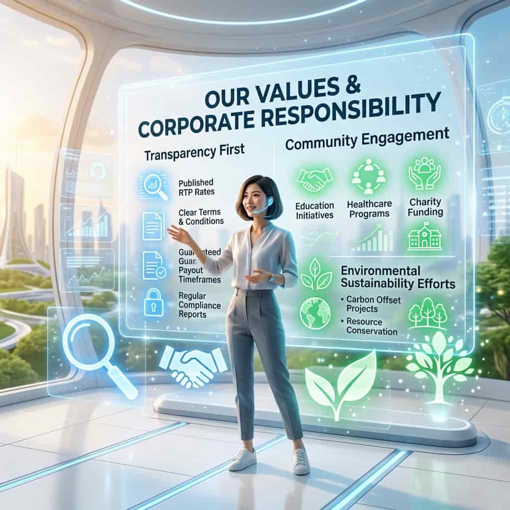 Image of a futuristic setting with an Asian female presenter, highlighting Lucky365's corporate values and responsibility, including transparency, community engagement, and environmental sustainability, with a focus on openness, trust, and social responsibility, showcasing the company's initiatives and commitments to education, healthcare, and responsible gaming, conveying a sense of reliability, authenticity, and social awareness, and inviting viewers to explore the company's values and mission.