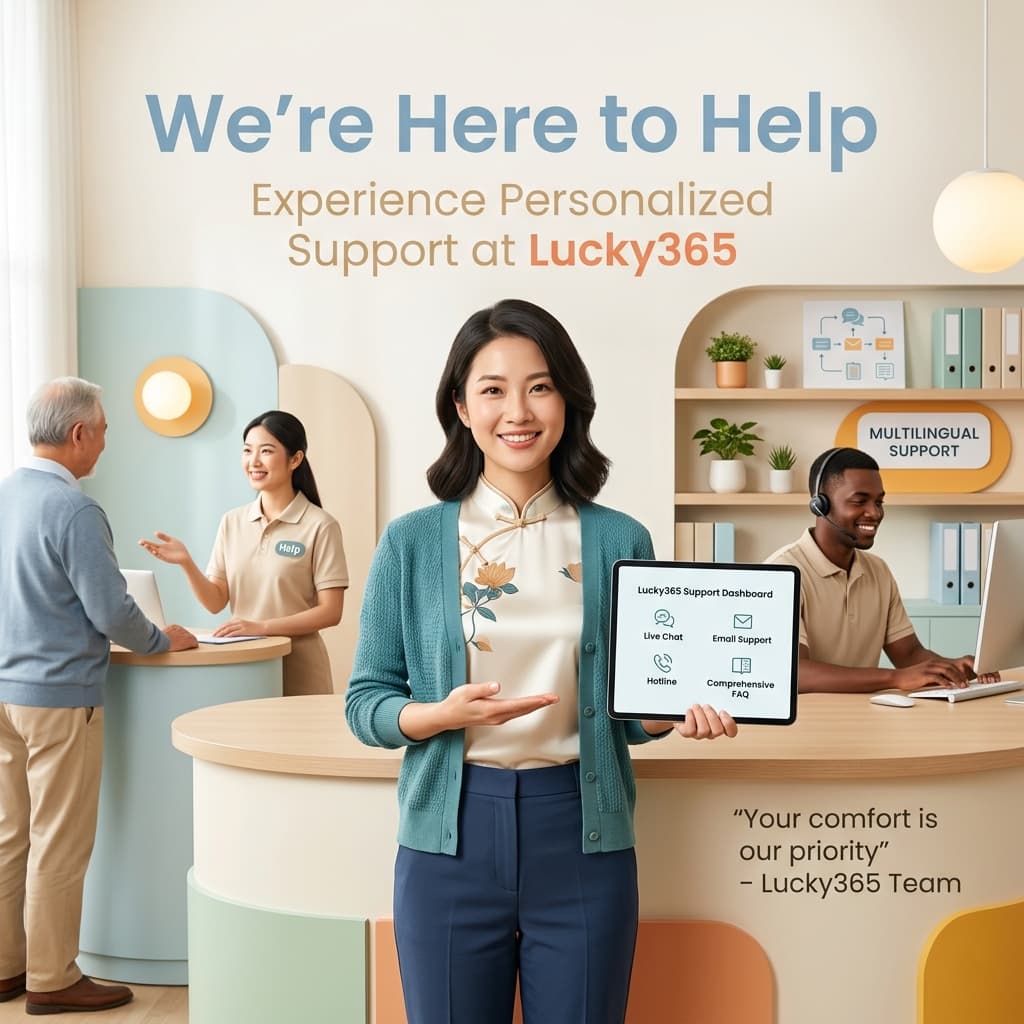 Image of an Asian female presenter showcasing the customer support team at Lucky365, featuring a warm, welcoming setting, with soothing colors, soft lighting effects, and a calming palette, highlighting the multilingual support team, live chat, email support, hotline, and comprehensive FAQ, with clear, readable typography and a minimalist visual style, embodying a sense of trust, reliability, and personalized support.