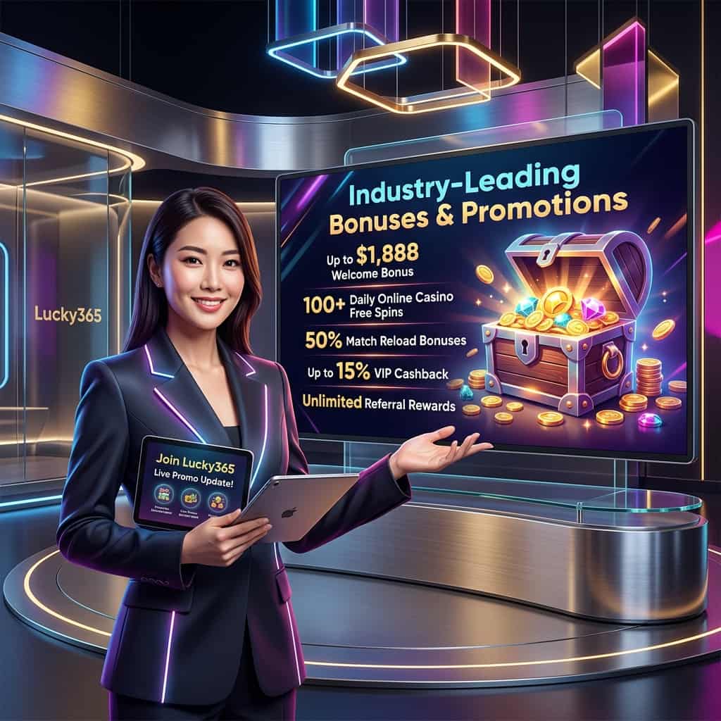Image of an Asian female presenter in a luxurious, high-tech setting, showcasing the industry-leading bonuses and promotions offered by Lucky365, featuring a welcome bonus, online casino free spins, reload bonuses, VIP cashback, and referral rewards, with a futuristic minimalist visual style, conveying exclusivity and sophistication, highlighting the excitement and value of the unbeatable offers.