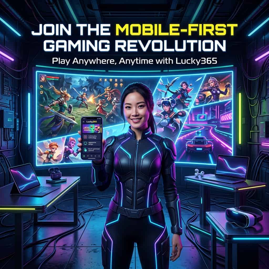 Image of an Asian female presenter showcasing the mobile-first gaming revolution at Lucky365, featuring a futuristic, high-tech setting, with bold colors, vibrant lighting effects, and a colorful palette, highlighting the seamless gaming experiences, instant-play technology, and touch-optimized controls, with clear, readable typography and a cyberpunk visual style, embodying a sense of innovation, excitement, and limitless gaming possibilities on-the-go.