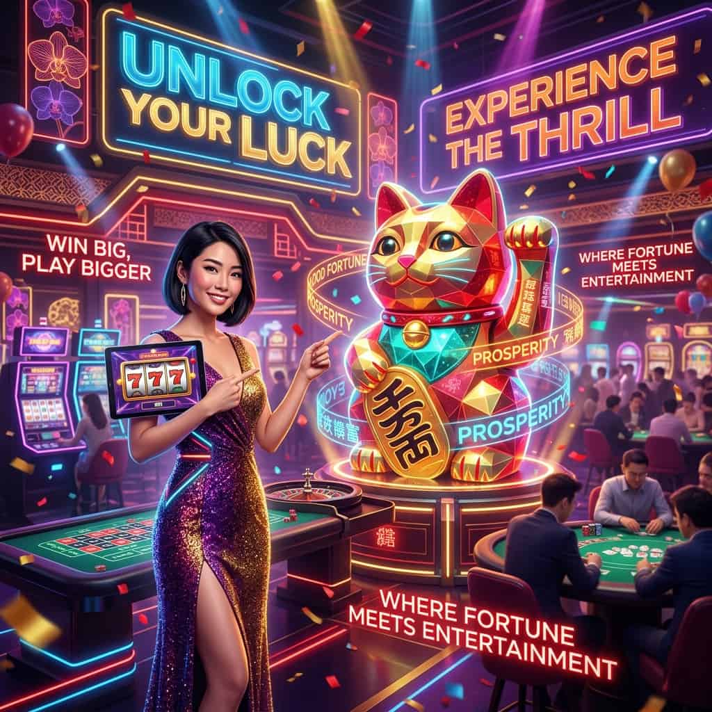 Vibrant online casino image featuring an Asian female presenter in a futuristic setting with neon lights, lucky cat statue, and casino games, symbolizing good fortune and excitement, with modern typography and captivating captions, perfect for online gaming platforms, casinos, and entertainment websites, highlighting the thrill of online casino experiences in Singapore and Southeast Asia.