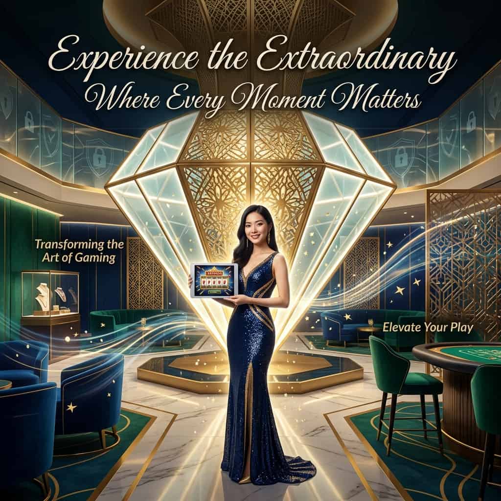 Luxurious online casino image featuring an Asian female presenter in a modern setting with diamond-shaped structure, laser-cut decorations, and lavish furnishings, symbolizing excellence and refinement, with elegant typography and captivating captions, perfect for online gaming platforms, casinos, and entertainment websites, highlighting the excitement and sophistication of online casino experiences in Singapore and Southeast Asia, with a focus on transparency, fairness, and player satisfaction.
