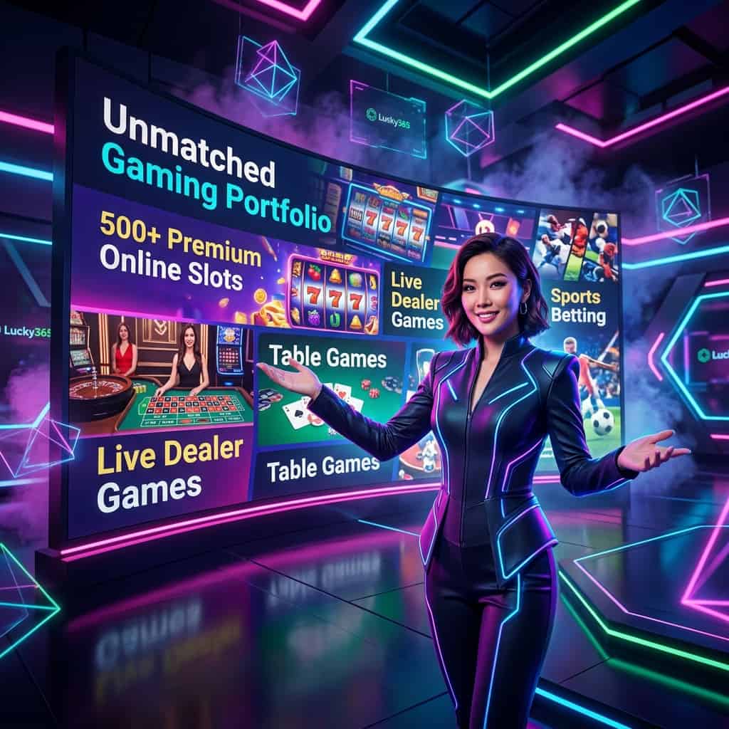 Image of an Asian female presenter in a futuristic fantasy setting, showcasing the unmatched gaming portfolio of Lucky365, featuring online slots, live dealer games, table games, sports betting, and exclusive original games, with a bold and sleek cyberpunk visual style, designed to capture attention and encourage engagement, highlighting the excitement and energy of online gaming.