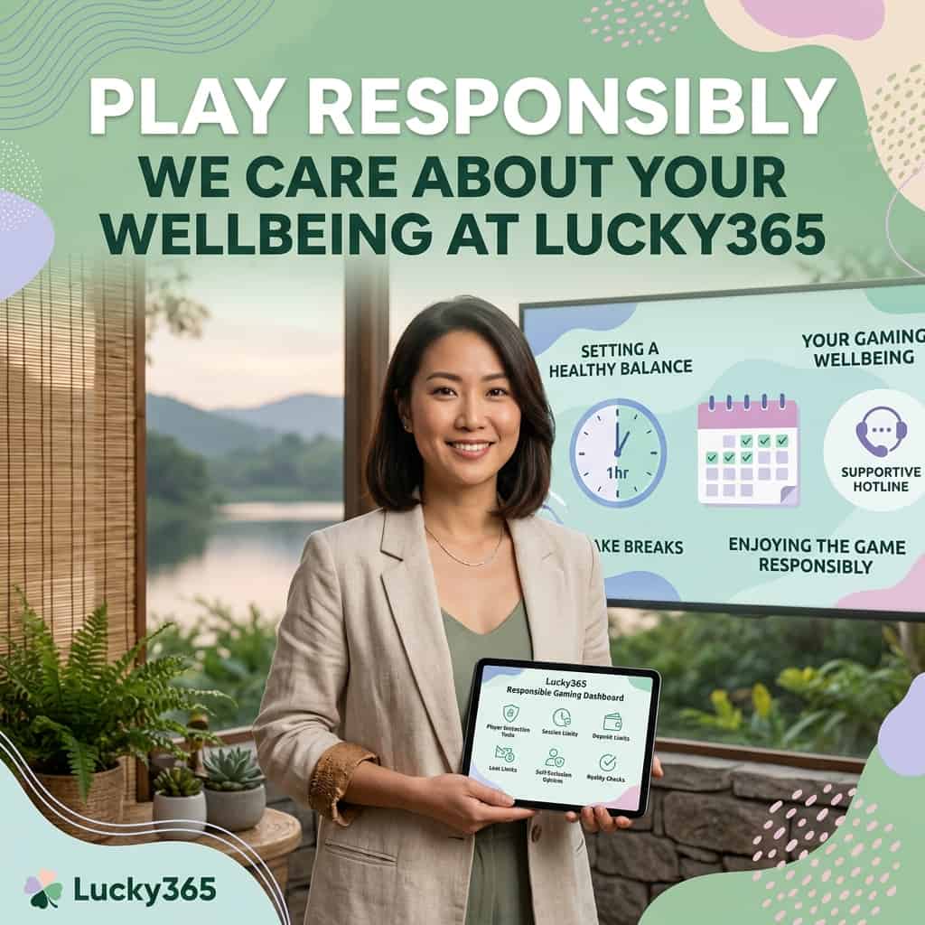 Image of an Asian female presenter showcasing the responsible gaming commitment at Lucky365, featuring a calm, serene setting, with gentle colors, soft lighting effects, and a soothing palette, highlighting the player protection tools, session time limits, deposit and loss limits, self-exclusion options, and reality checks, with clear, readable typography and a wellness visual style, embodying a sense of care, concern, and responsibility.