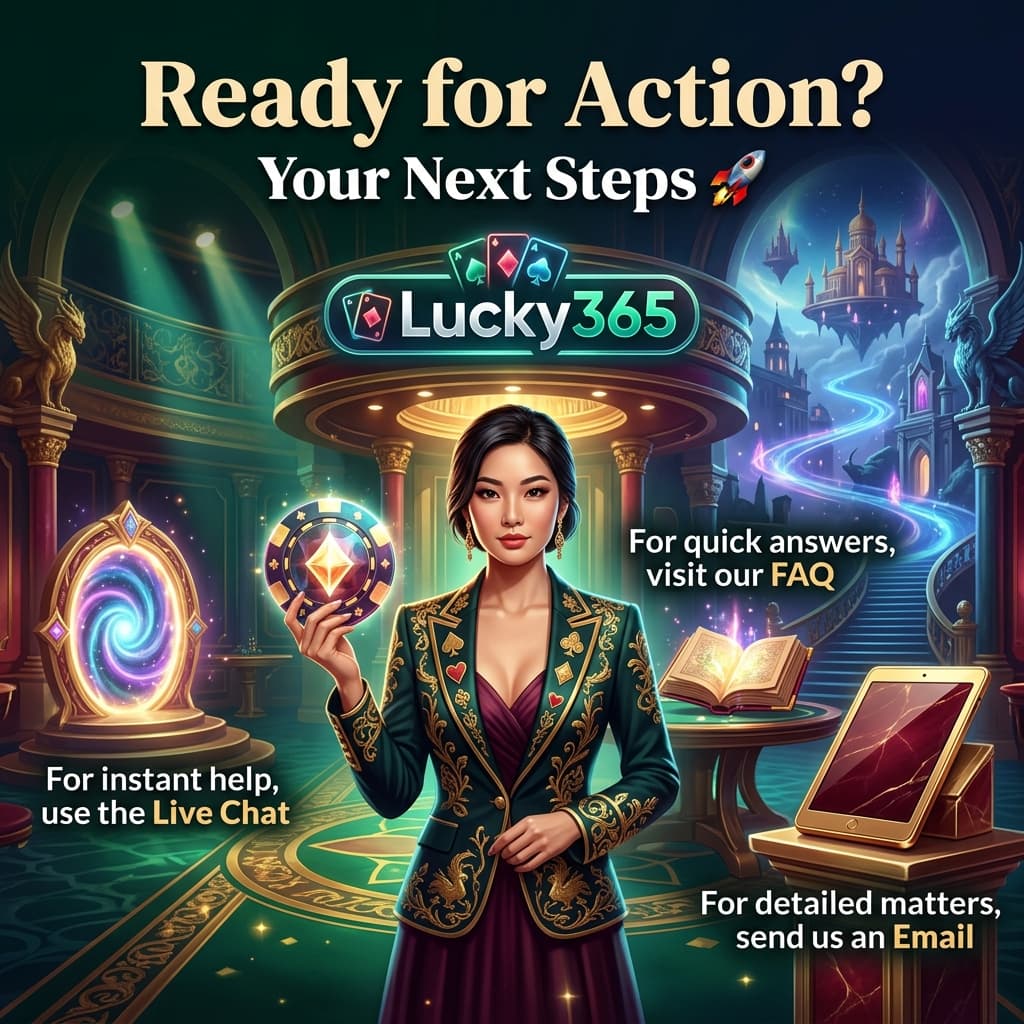 Asian female presenter in a fantasy casino setting, announcing "Ready for Action? Your Next Steps 🚀" with integrated calls to action for Live Chat, Email, and FAQ, all within a visually stunning, vibrant, and engaging 1:1 hook image designed to spark curiosity.