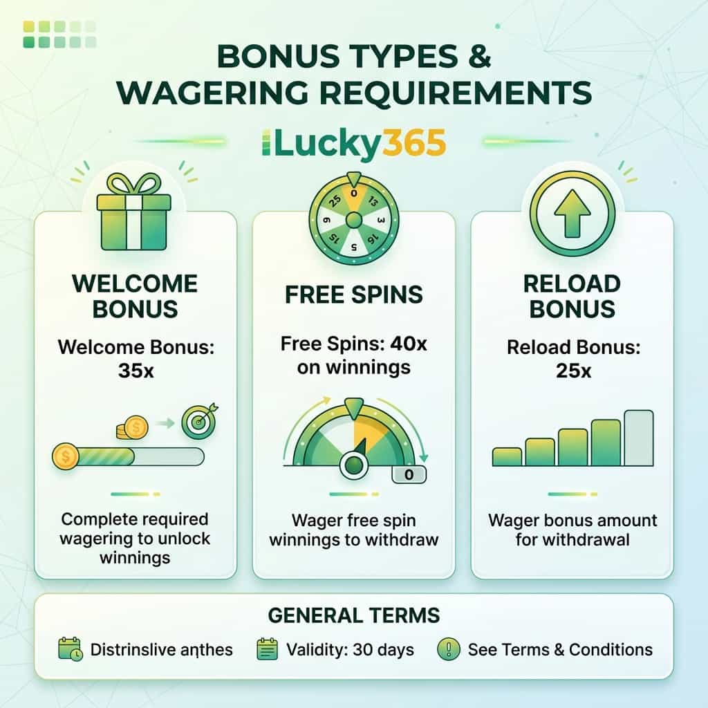 This image provides a clear and concise visual guide to understanding Lucky365’s wagering requirements for various bonus types.
