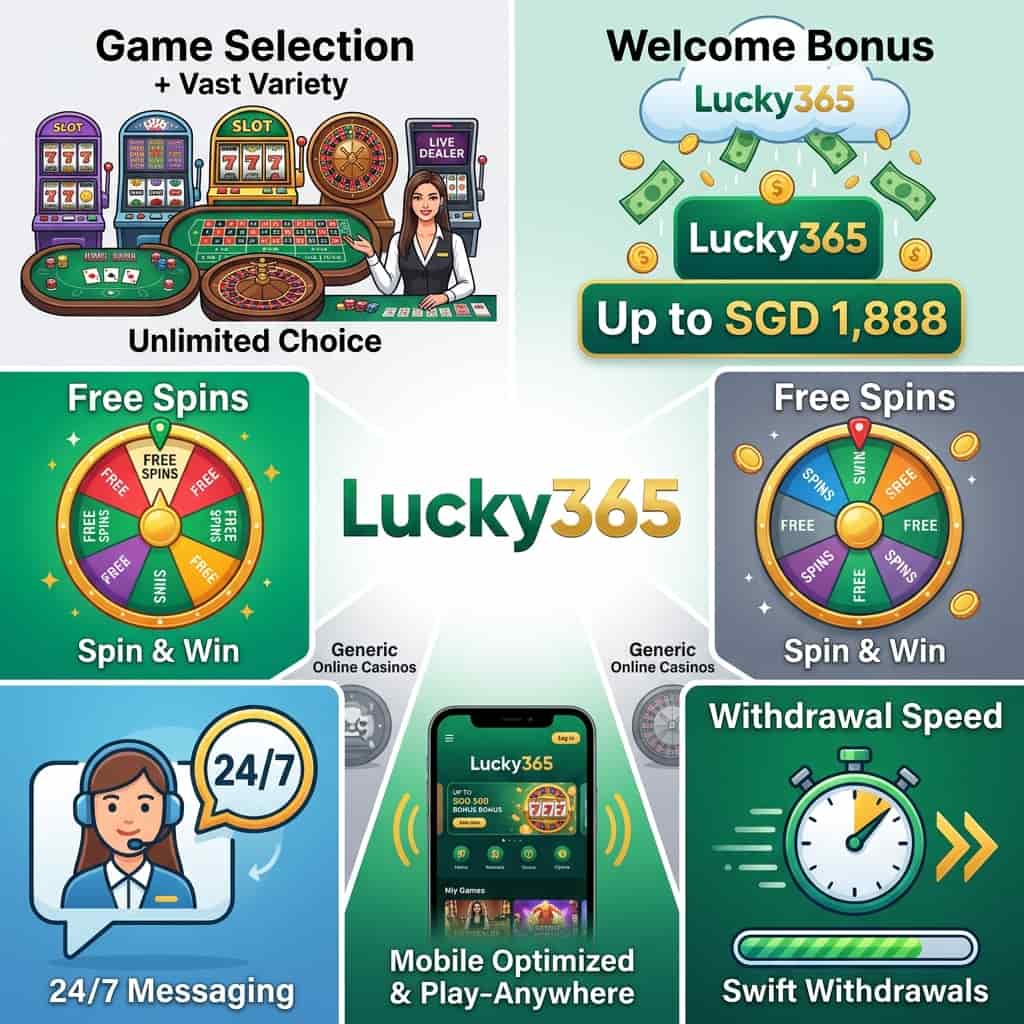This infographic visually compares Lucky365 to generic online casinos, showcasing its key advantages, including a vast game selection, generous welcome bonus, free spins, 24/7 customer support, a seamlessly optimized mobile experience, and swift withdrawal speeds.