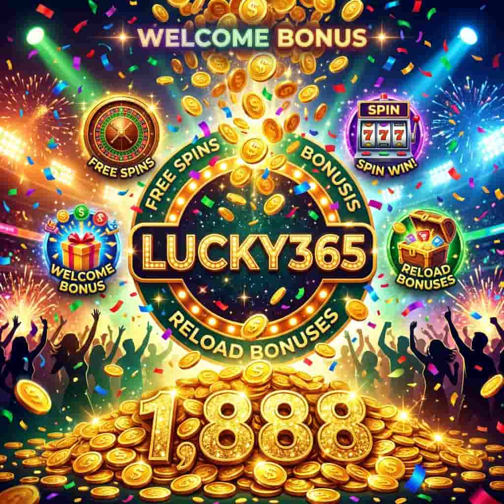 This dynamic image captures the excitement of Lucky365's generous bonus offerings. It showcases the welcome bonus, free spins, and reload bonuses through a vivid display of celebratory visuals.