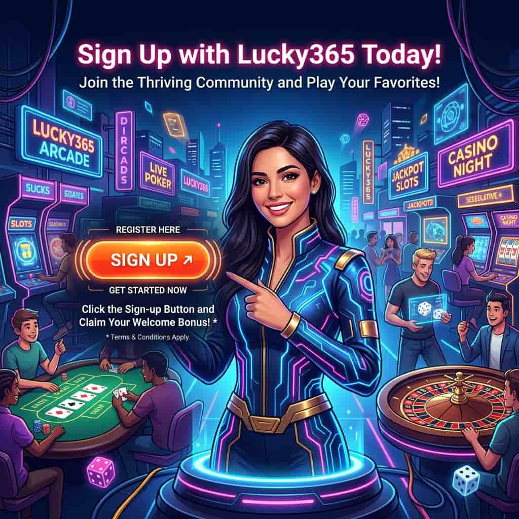 This image showcases the easy and exciting sign-up process for Lucky365's online casino platform. The image features a vibrant, futuristic scene with a friendly female presenter inviting users to join the community, play their favorite games, and claim a welcome bonus.
