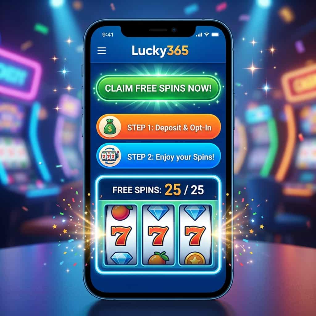 : This image illustrates the straightforward process of claiming and using free spins at Lucky365. It showcases a mobile interface with clear steps and visuals of free spins in action.