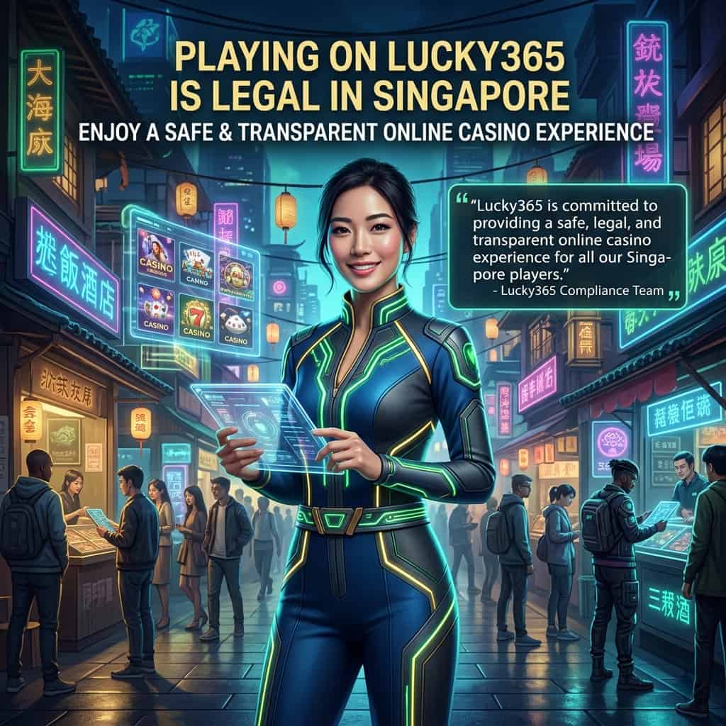 This image illustrates the legality and accessibility of online casino gaming for Singapore residents on the Lucky365 platform. It features a dynamic scene of a futuristic Asian marketplace with a confident woman assuring users of a secure and legal online experience. The image highlights key aspects such as secure encryption, responsible gaming practices, and fair play certification.