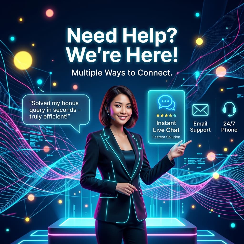 An engaging graphic showcasing an Asian female presenter highlighting Lucky365's instant live chat support, emphasizing speed and efficiency with a satisfied player's testimonial integrated into the design.