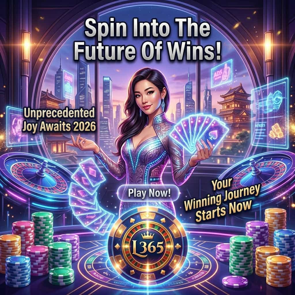 A visually stunning 1:1 image depicting an Asian female presenter in a cyberpunk-fantasy casino setting for Lucky365 online games in 2026, featuring bold typography, vibrant lighting, and a casino-themed logo, designed to attract players searching for top online casino experiences in Singapore and Southeast Asia.