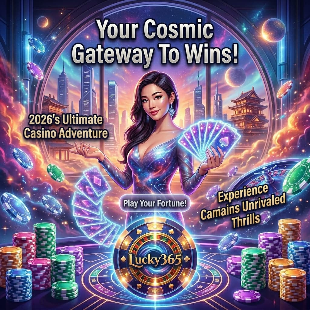 A striking 1:1 square image for Lucky365, showcasing an Asian female presenter in a cosmic fantasy casino setting redefined for 2026, featuring an impactful headline, vibrant typography, and a celestial casino logo, aimed at drawing players to their ultimate online gambling experience in Singapore and Southeast Asia.