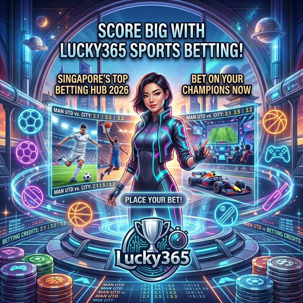 A dynamic 1:1 image for Lucky365, featuring an Asian female presenter in a cyberpunk stadium setting for online sports betting in Singapore in 2026, highlighted by bold typography, vibrant lighting, and a modern sports-themed logo, designed to attract bettors interested in football, basketball, and eSports.