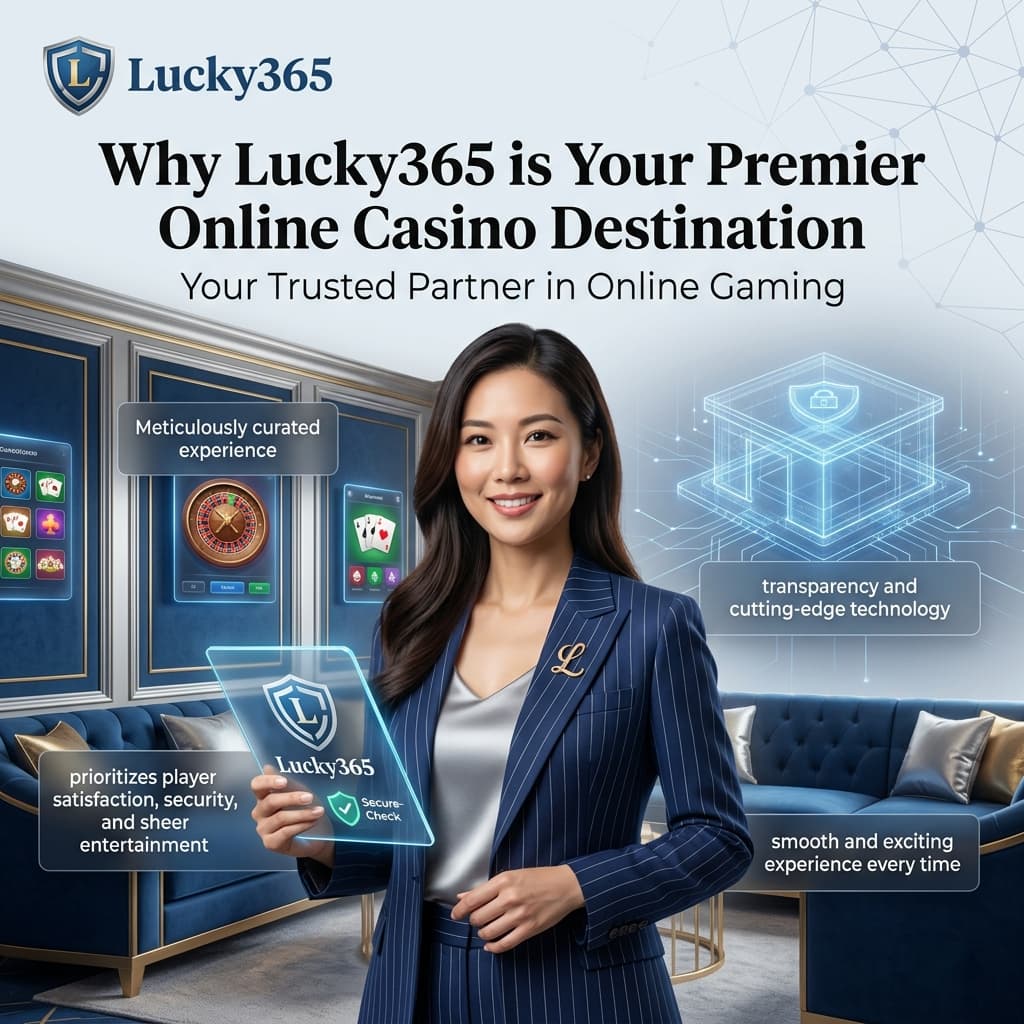 Asian female presenter in a sophisticated and secure casino lounge, highlighting Lucky365 as a premier, trustworthy online casino destination with a focus on player satisfaction, security, and cutting-edge technology. The image includes the headline "Why Lucky365 is Your Premier Online Casino Destination" and the caption "Your Trusted Partner in Online Gaming" in a 1:1 format.