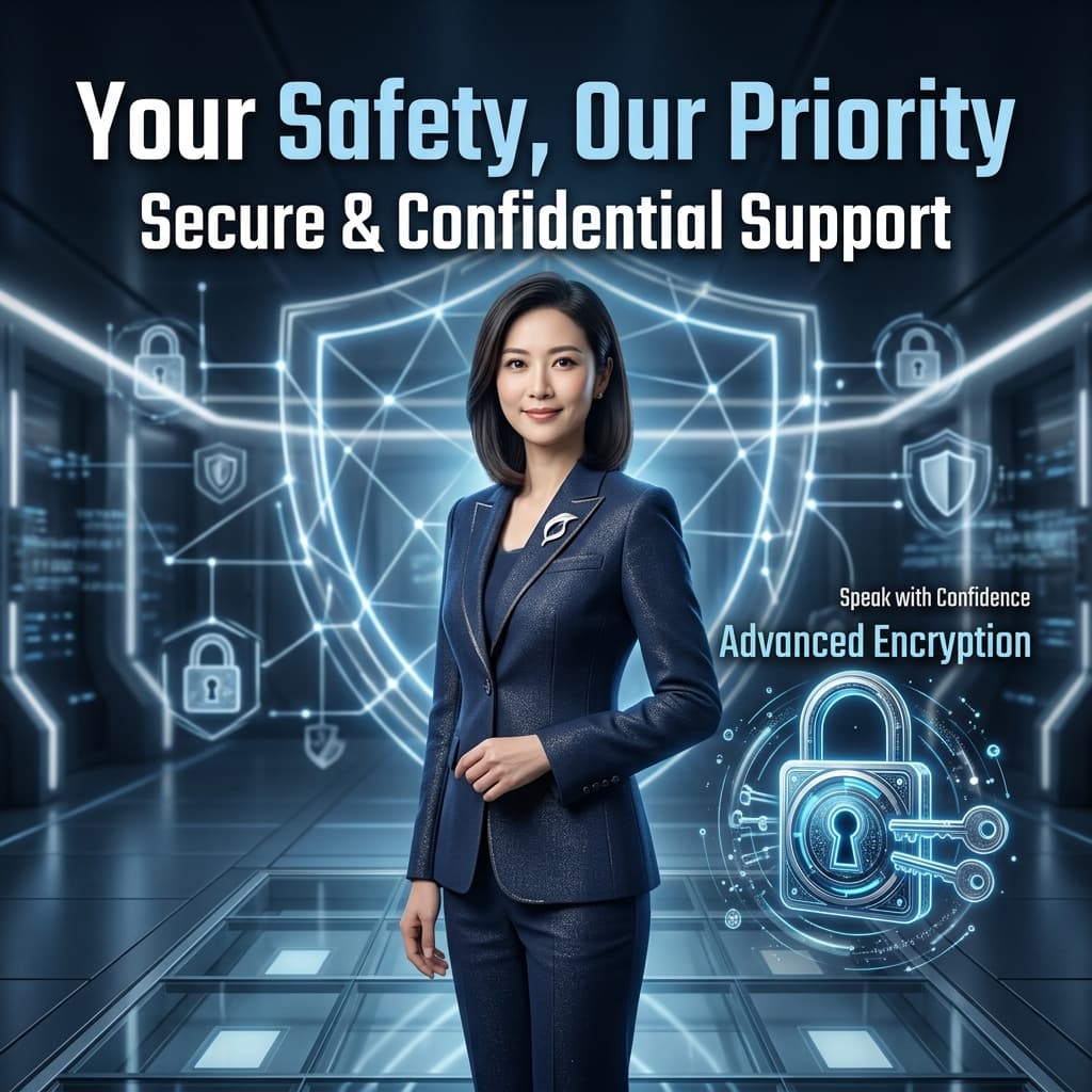 An image representing Lucky365's commitment to security and privacy, featuring an Asian presenter and visual cues of advanced encryption and data protection for all communications.