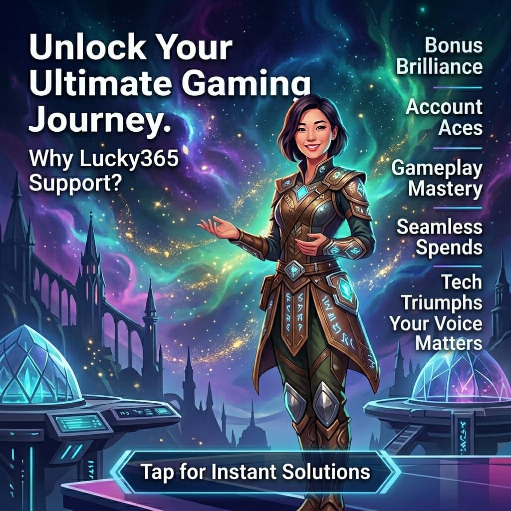 An captivating image featuring an Asian female presenter in a fantasy setting, inviting users to explore why contacting Lucky365 support is essential for a seamless online casino experience, highlighting key support areas with clear typography.
