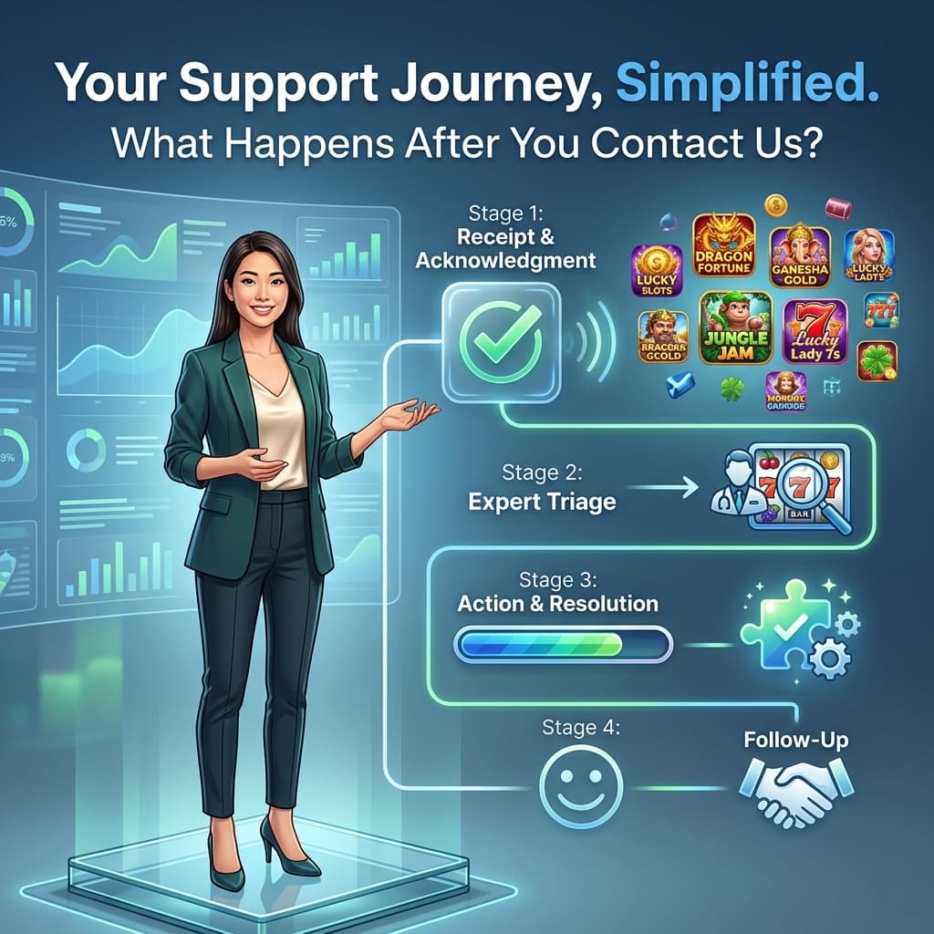 An informative graphic illustrating the post-contact support process for Lucky365, featuring an Asian presenter and incorporating visuals for each step, including dedicated support for Lucky365 slots.