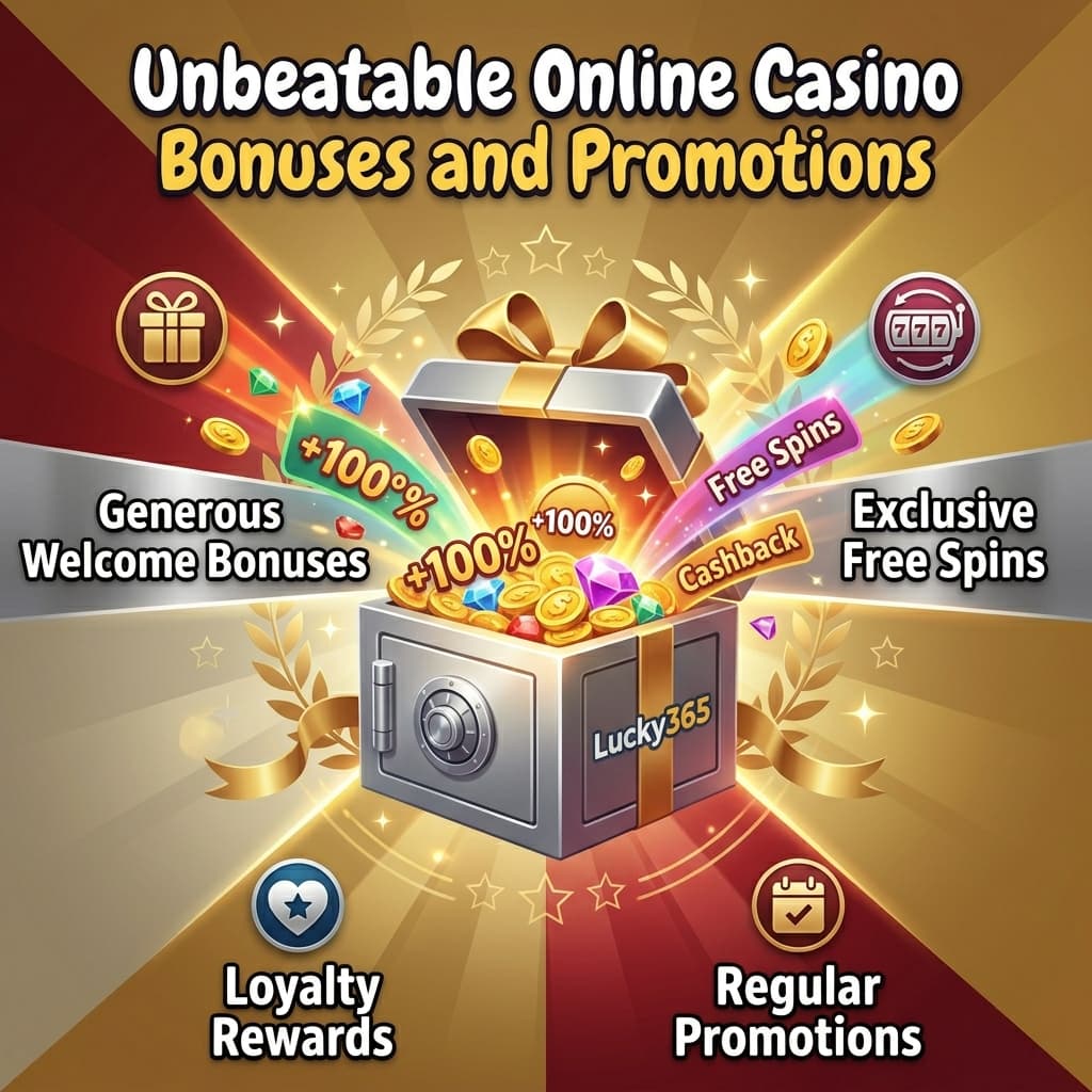 Overflowing treasure chest symbolizing bonuses and promotions at Lucky365, featuring welcome bonuses, free spins, loyalty rewards, and regular promotions. The image includes the headline "Unbeatable Online Casino Bonuses and Promotions" in a 1:1 format.