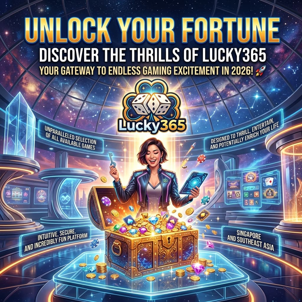 Asian female presenter unlocking a treasure chest filled with digital riches and game icons, announcing "Unlock Your Fortune: Discover the Thrills of Lucky365 β Your Gateway to Endless Gaming Excitement in 2026! π", with integrated calls to action and geographical focus, for a vibrant, attention-grabbing 1:1 visual hook.