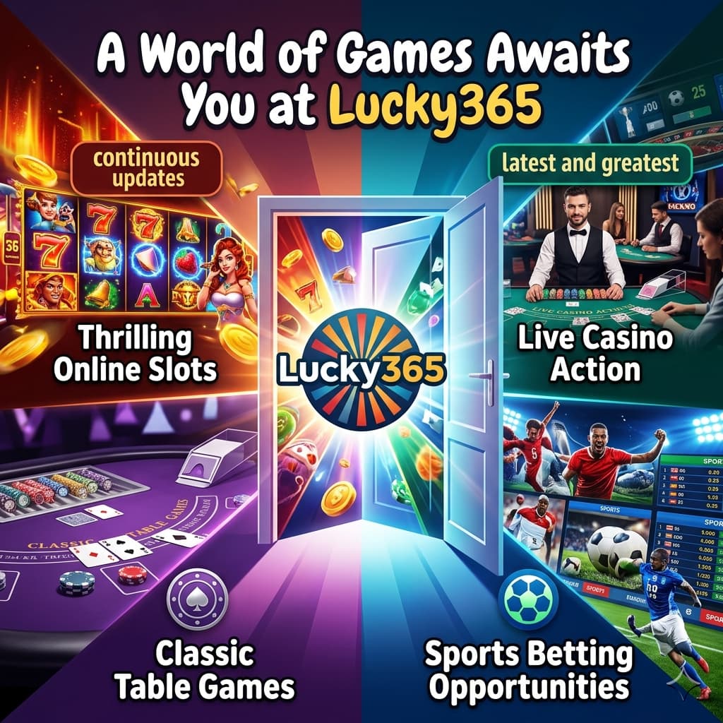 Collage showcasing the diverse game offerings at Lucky365, including slots, live casino, table games, and sports betting, with the headline "A World of Games Awaits You at Lucky365." The image highlights the continuous updates and excitement of the platform in a 1:1 format.