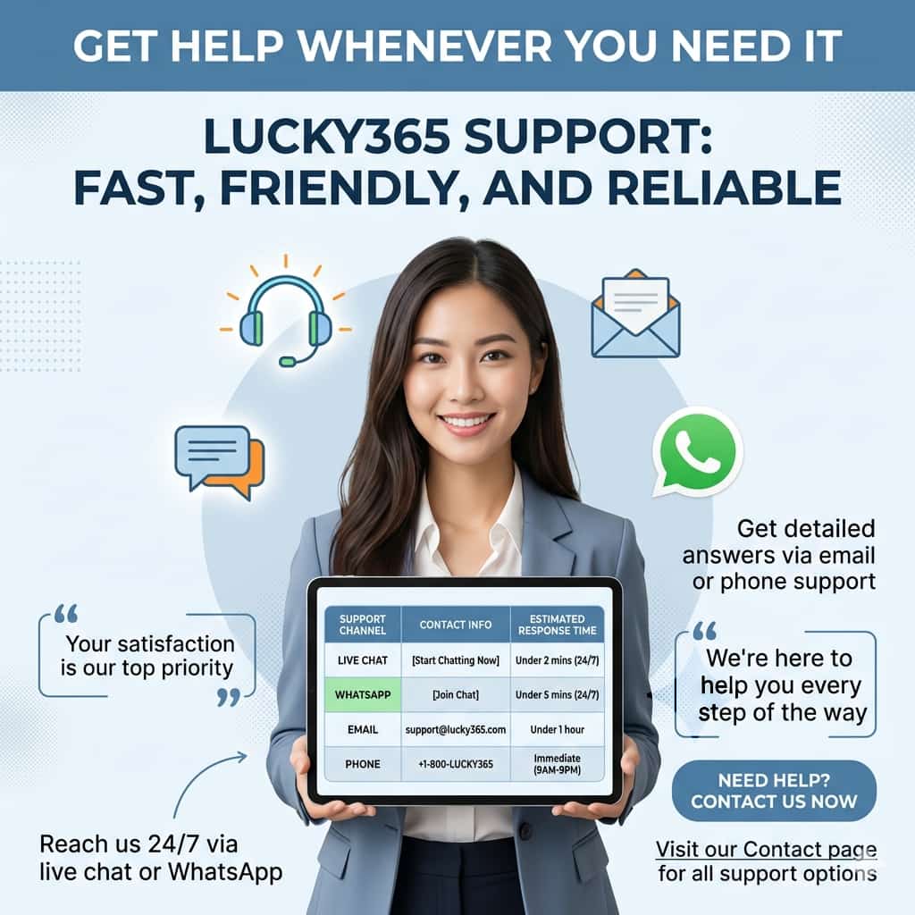 Image of an Asian female presenter in a helpful, customer support-themed setting, promoting Lucky365 customer support options, including live chat, email, WhatsApp, and phone support, with a calm, professional, and approachable design, featuring icons and graphics representing the various support channels, conveying a sense of trust, reliability, and approachability, for online casino players to learn about the convenient and efficient support options, with a focus on fast and friendly assistance, and easy access to help whenever needed.