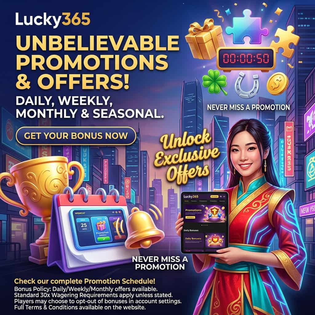 an image of an Asian female presenter in a vibrant, celebratory fantasy setting, with bold colors, vibrant lighting effects, and a colorful palette, capturing the essence of promotions and special offers at Lucky365, with clear, readable typography, and a focus on the promotion schedule, bonus policy, and wagering requirements, featuring a trophy, calendar, and notification bell, designed to spark curiosity and encourage engagement, as a hook for visual media, with a focus on the excitement and thrill of online gaming promotions, and the importance of reading the terms and conditions, and the benefits of opting-out of bonuses if preferred, and emphasizing the idea of "luck" and "chance" with lucky charms and fortune symbols.
