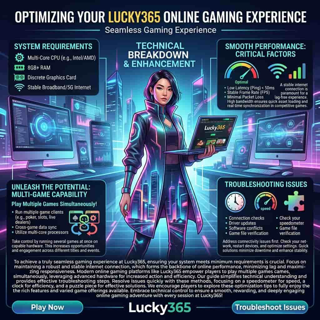an image of an Asian female presenter in a futuristic, minimalist fantasy setting, with bold colors, vibrant lighting effects, and a colorful palette, capturing the essence of technical aspects of online gaming at Lucky365, with clear, readable typography, and a focus on the system requirements, troubleshooting steps, and the ability to play multiple games simultaneously, featuring a desktop computer, mobile phone, and tablet, designed to spark curiosity and encourage engagement, as a hook for visual media, with a focus on the technical aspects of online gaming, and the importance of a seamless gaming experience, and the benefits of playing multiple games at the same time, and the troubleshooting steps to ensure a smooth gaming experience.