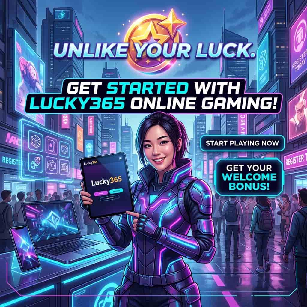 an image of an Asian female presenter in a cyberpunk fantasy setting, with bold neon colors, vibrant lighting effects, and a colorful palette, capturing the essence of getting started with online gaming at Lucky365, with clear, readable typography, and a focus on responsible gaming, featuring a welcome bonus symbol, mobile phone, and laptop, designed to spark curiosity and encourage engagement, as a hook for visual media, with a focus on the thrill and excitement of online gaming, and the importance of setting a budget, using deposit limits, and never chasing losses.