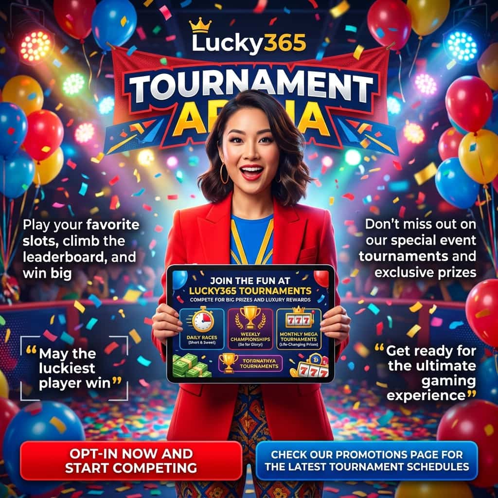 Image of an Asian female presenter in a lively, tournament-themed setting, promoting Lucky365 online slots tournaments, special events, and luxury rewards, with a bold, vibrant, and energetic design, featuring flashing lights, confetti, and colorful balloons, conveying a sense of excitement, competition, and celebration, for online casino players to learn about the various tournament types, join the fun, and compete for big prizes, with a focus on interactive gameplay, leaderboard challenges, and exclusive rewards.