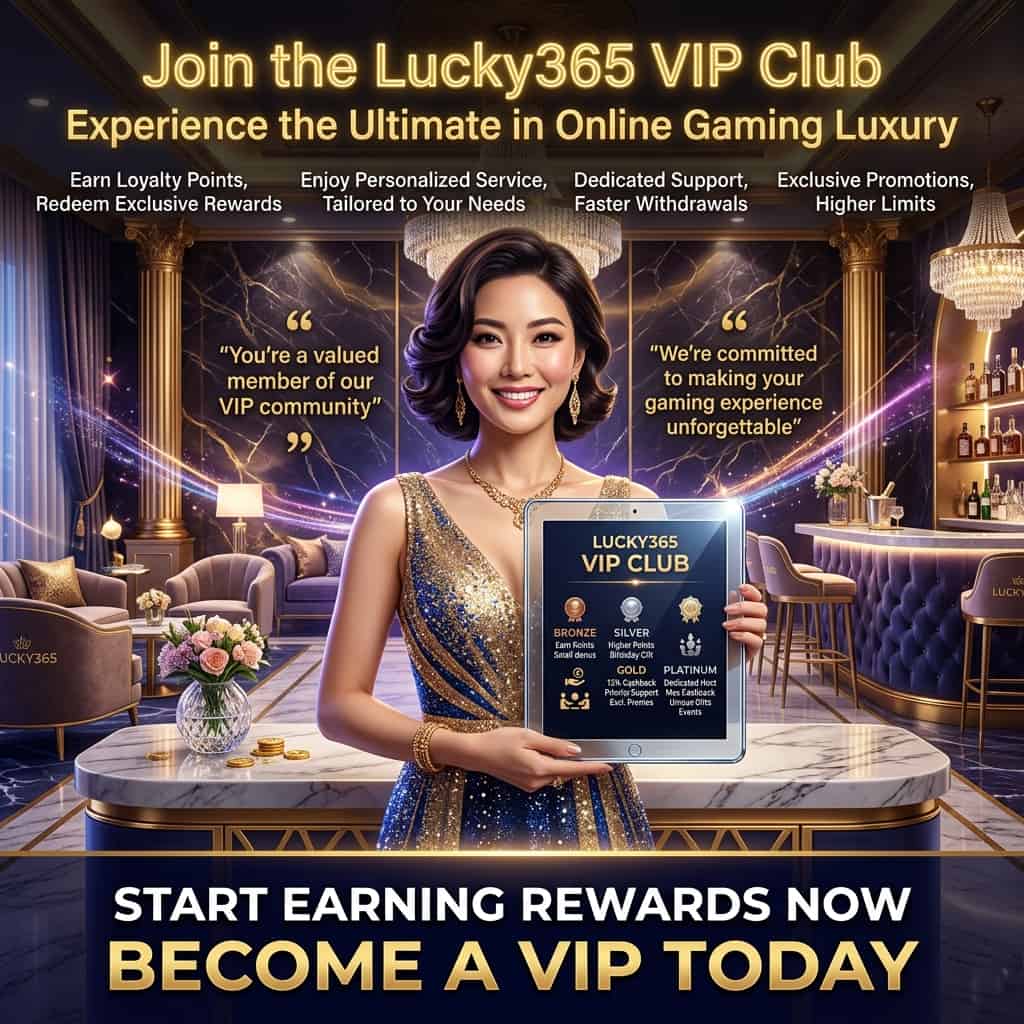 Image of an Asian female presenter in a luxurious VIP-themed setting, promoting the Lucky365 VIP program, loyalty points, and exclusive rewards, with a rich, vibrant, and luxurious design, featuring golden accents, marble textures, and exquisite furnishings, conveying a sense of opulence, exclusivity, and high-end quality, for online casino players to learn about the benefits of joining the VIP club and earning loyalty points, with a focus on personalized service, tailored rewards, and unforgettable gaming experiences.