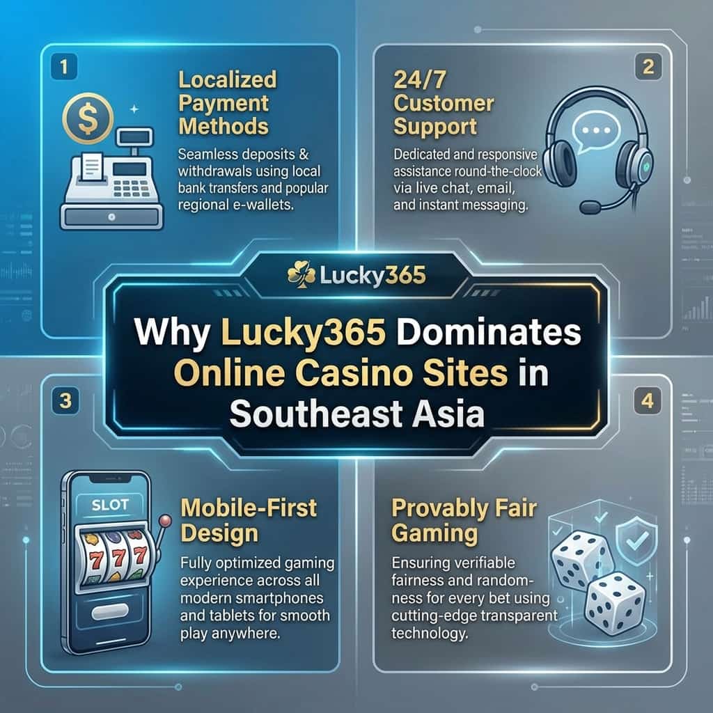 An informative and engaging visual highlighting why Lucky365 tops online casino sites in Southeast Asia. Central to the image is a sleek, modular infographic illustrating the key advantages of choosing Lucky365, including Localized Payment Methods, 24/7 Customer Support, Mobile-First Design, and Provably Fair Gaming. Each section features relevant icons and concise descriptions, ensuring clarity and appeal. Surrounding the infographic, animated icons and symbols emphasize each feature, providing a dynamic and engaging visual complement. The backdrop shifts from a vibrant blue to a sophisticated gray, symbolizing the innovative spirit of Lucky365. Prominent text, "Why Lucky365 Dominates Online Casino Sites in Southeast Asia", is displayed using bold, impactful typography. This image effectively communicates the competitive edge of Lucky365, using a clear, informative design to appeal to discerning players and highlight the platform's advantages.