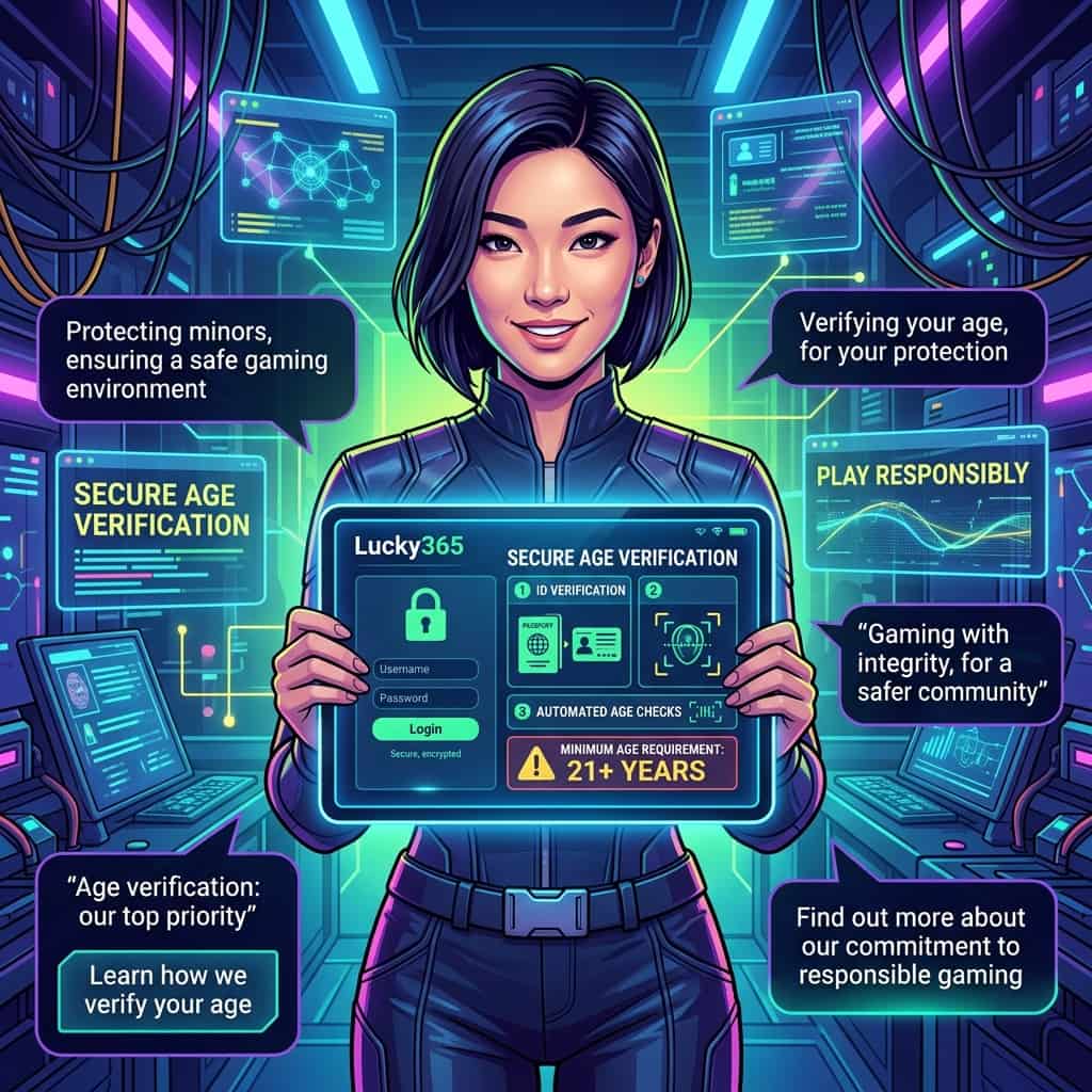 Image of an Asian female presenter in a futuristic setting, promoting secure age verification, responsible gaming, and underage gambling prevention, with a sleek, futuristic UI mockup and cyberpunk twist, featuring bold colors, vibrant lighting effects, and clear typography, conveying a sense of trust, security, and innovation, for online casino players to learn about Lucky365's age verification process and commitment to responsible gaming, with a focus on preventing underage gambling and ensuring a safe gaming environment.