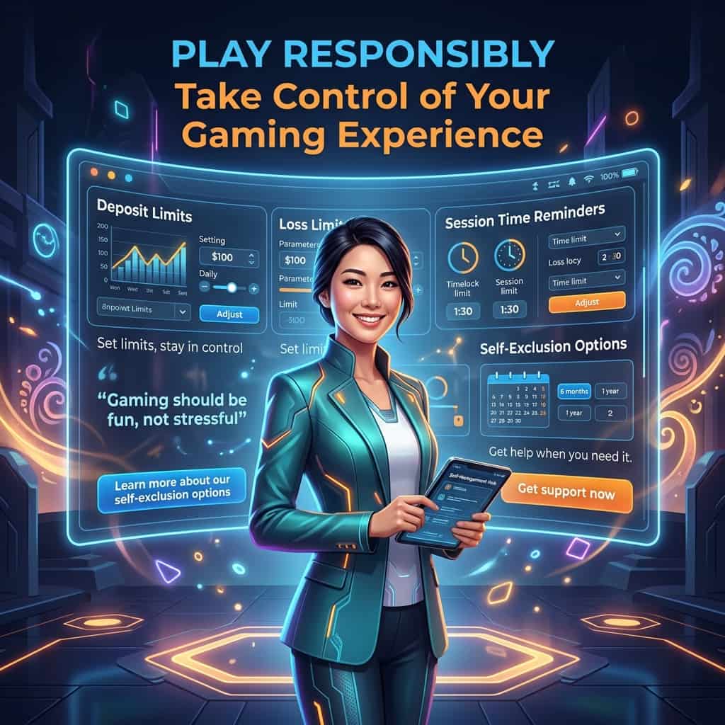 Image of an Asian female presenter in a fantasy setting, surrounded by responsible gaming tools and resources, with a futuristic, minimalist design, promoting responsible gaming, self-management, and support, with bold colors, vibrant lighting effects, and clear typography, conveying a sense of trust, reliability, and approachability, for online casino players to take control of their gaming experience and play responsibly.