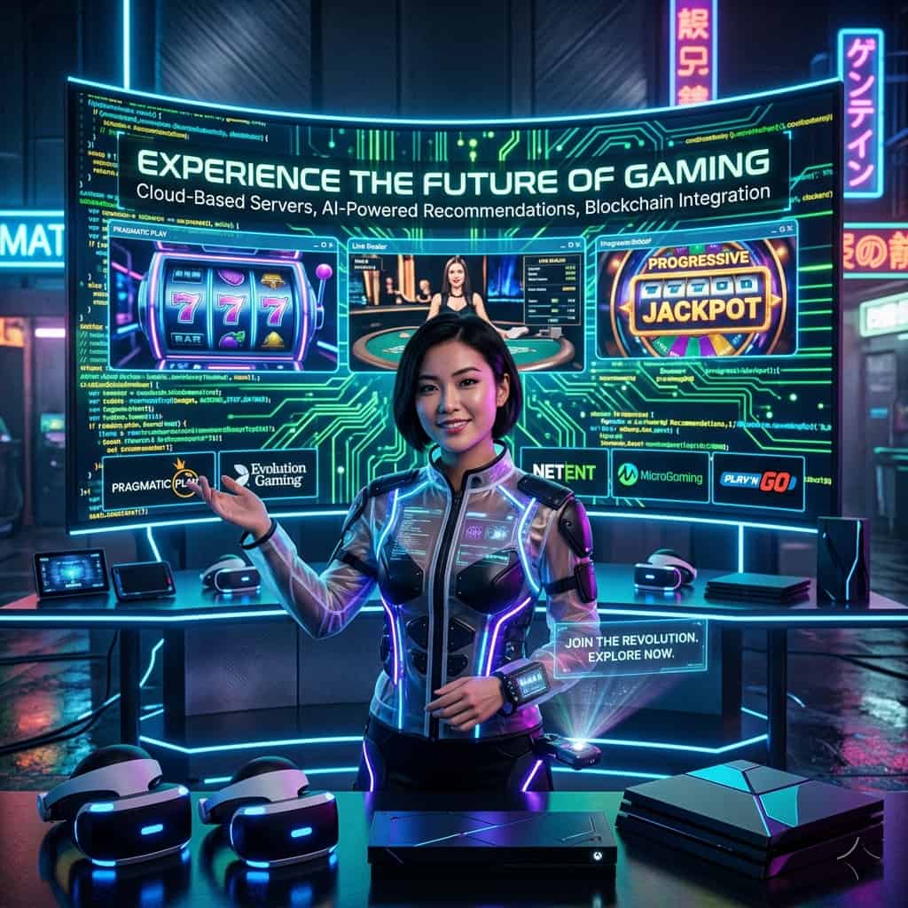 An Asian female presenter stands in front of a massive, curved screen displaying a dynamic, animated landscape of coding strings and circuit boards, surrounded by sleek, modern gaming equipment and innovative devices, conveying a sense of cutting-edge technology and innovation in the online casino industry, with a focus on cloud-based servers, AI-powered game recommendations, blockchain integration, and advanced RNG technology, the image features a cyberpunk style, with clear typography and subtle background textures, creating a captivating visual experience that sparks curiosity and encourages engagement, while highlighting the collaboration with leading game providers and partnerships, including Pragmatic Play, Evolution Gaming, NetEnt, Microgaming, and Play'n GO.