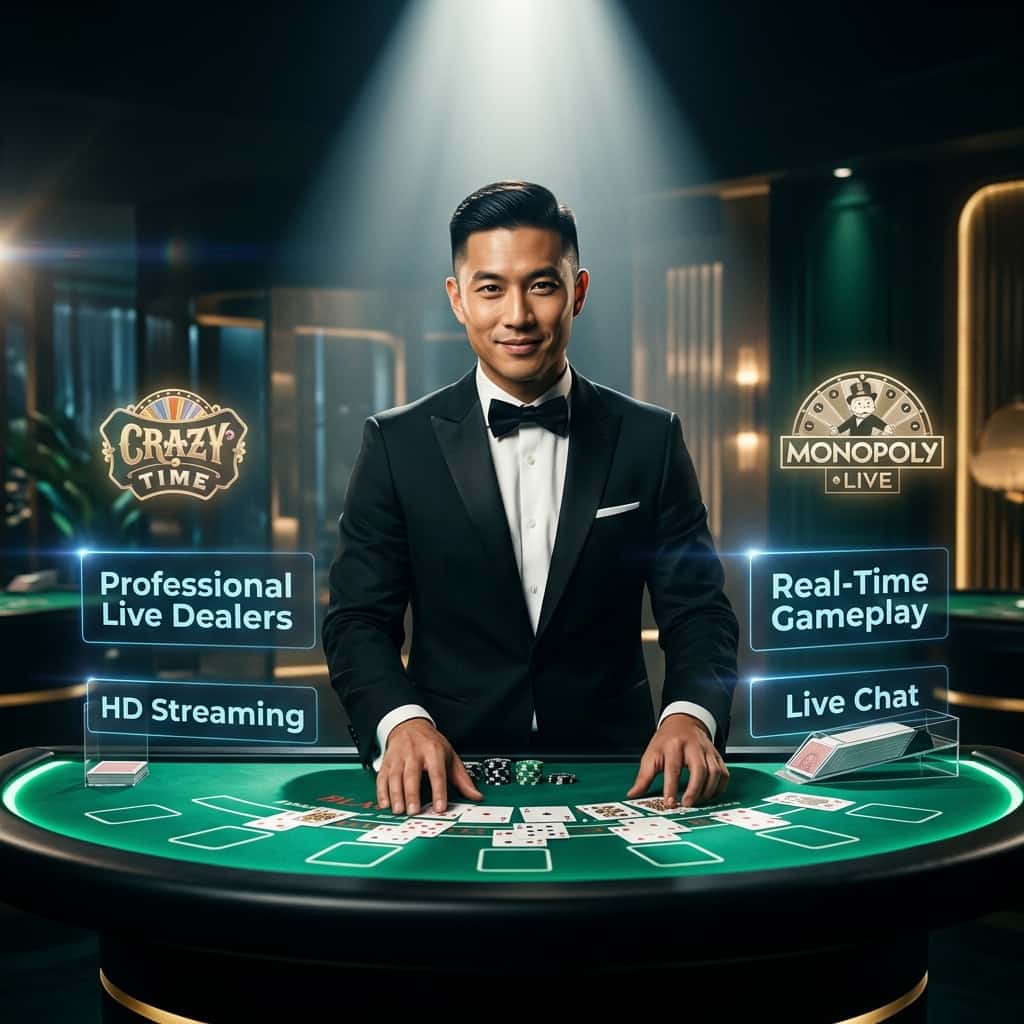 A professional Asian male croupier in a luxurious live casino studio deals cards at an illuminated blackjack table, with dramatic lighting and holographic UI text highlighting features like HD streaming, real-time gameplay, and live chat. The neo-noir cinematic style captures the authentic, high-stakes excitement of live dealer casino games.