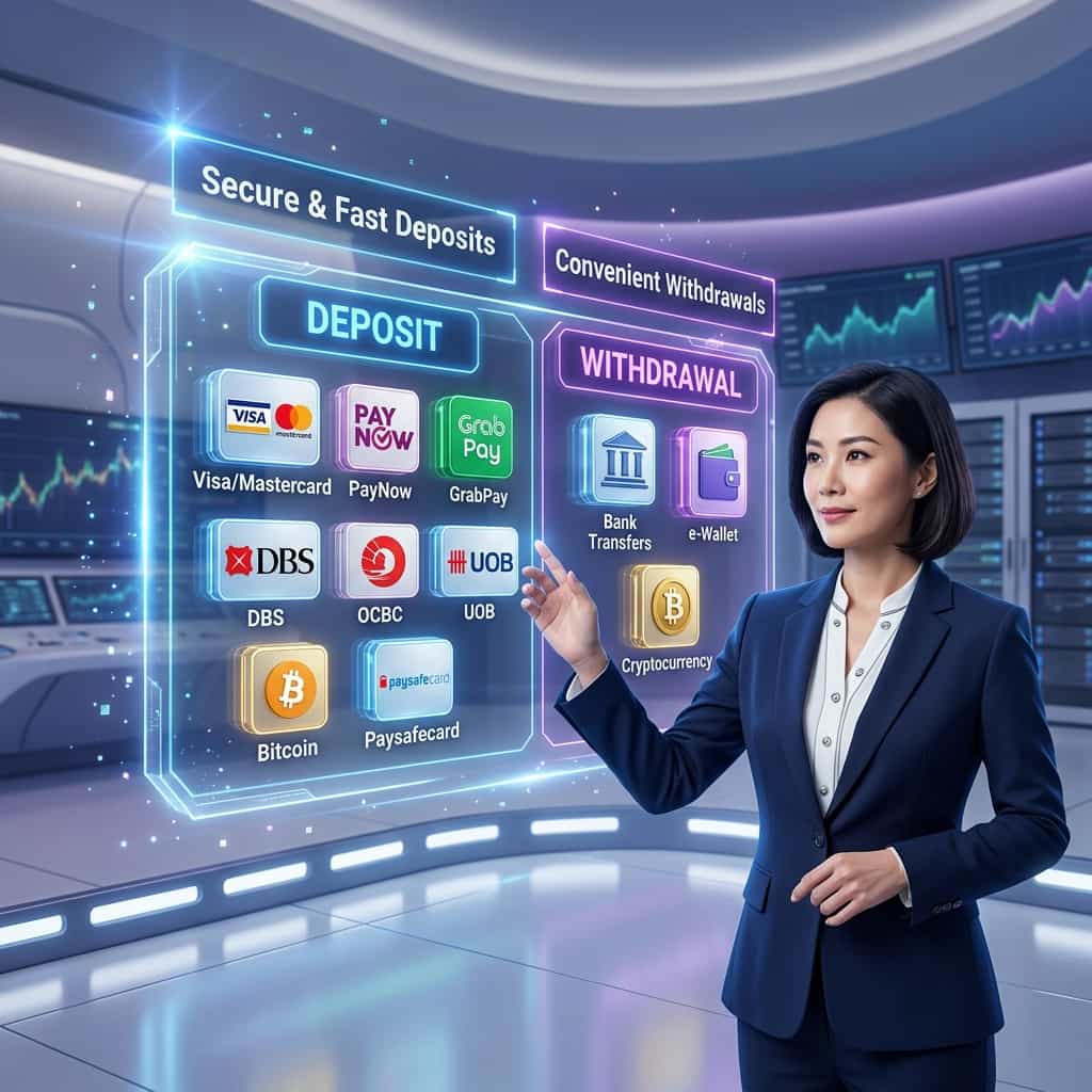 A confident Asian female presenter in a high-tech control room interacts with a floating holographic diagram showcasing Lucky365's payment methods. Clear sections for Deposit and Withdrawal display icons for credit cards, PayNow, bank transfers, and crypto, with bold text highlighting security and convenience for Singaporean players.
