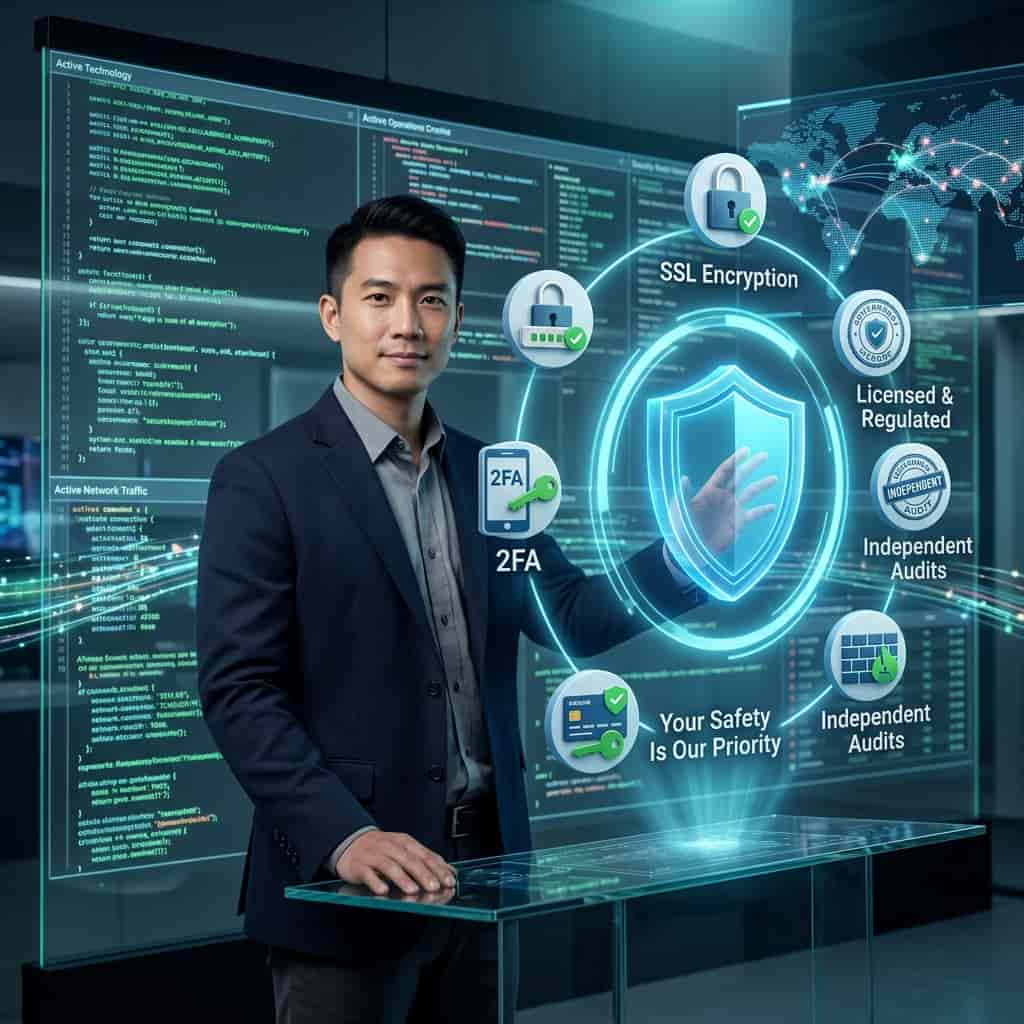 A confident Asian male cybersecurity analyst in a futuristic Security Operations Center presents a glowing holographic security shield surrounded by icons for SSL encryption, licenses, audits, and firewalls. Bold text reinforces key safety features, visually communicating Lucky365's top-priority commitment to player security and data protection.
