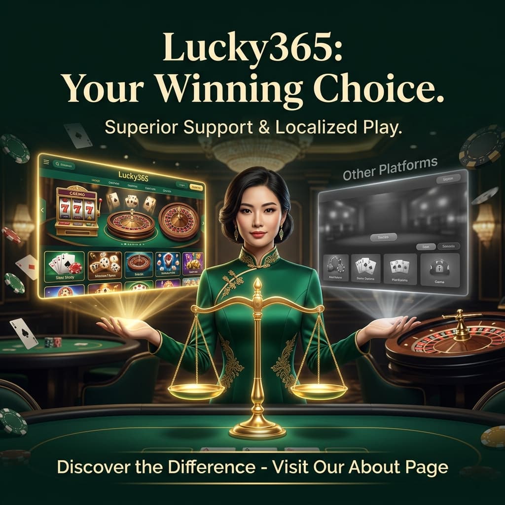 Compelling 1:1 square image representing Lucky365's superiority over other betting platforms, featuring an Asian female presenter in a luxurious casino setting, with clear visuals comparing features and emphasizing localized support and winning opportunities.
