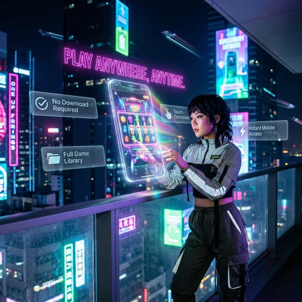 A stylish Asian female presenter in a cyberpunk cityscape enjoys playing online casino games on her mobile device, with a glowing interface showcasing slot reels. Bold text highlights mobile gaming benefits like no download needed, full compatibility, and touch-optimized play, set against a vibrant neon backdrop to capture attention for mobile casino content.