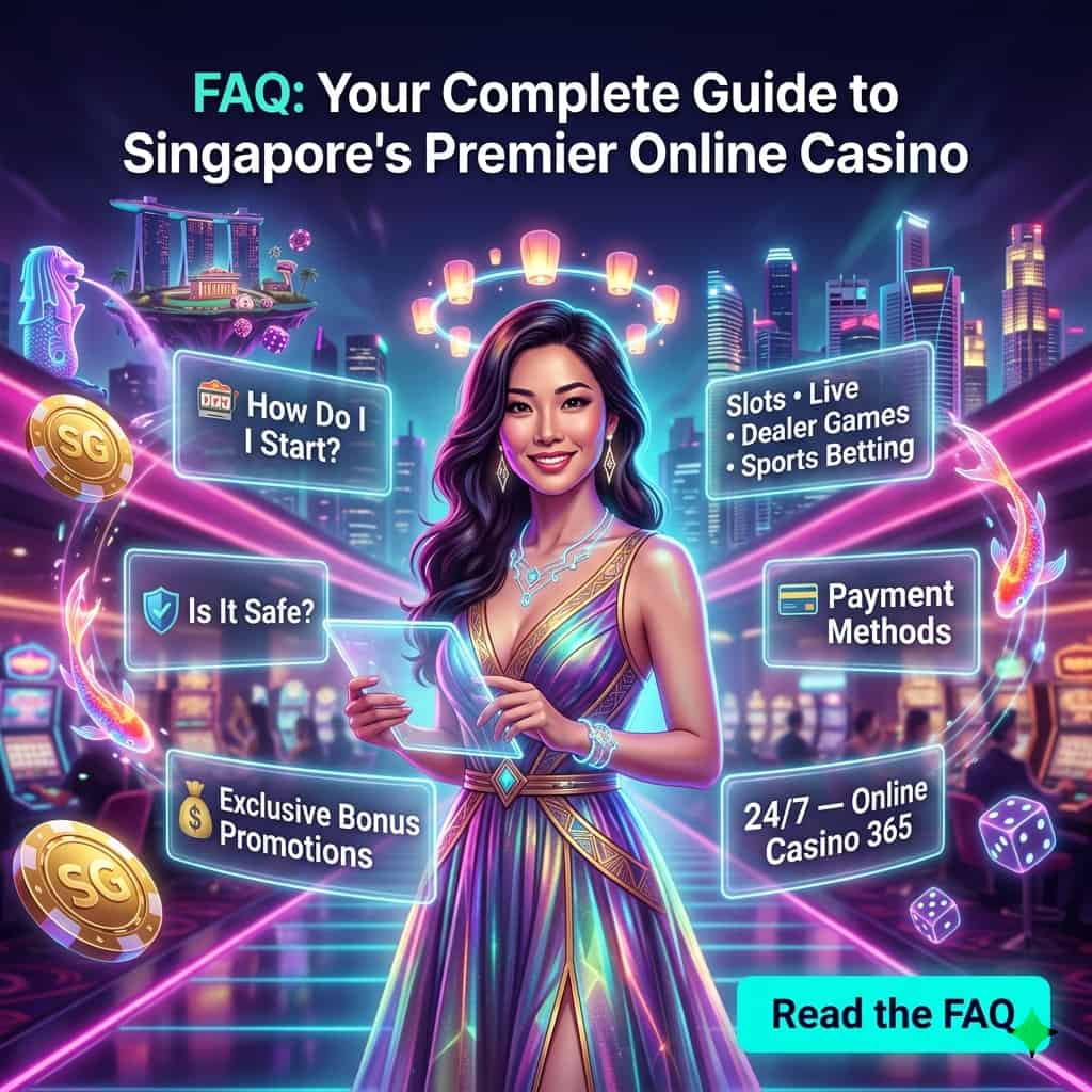 Square promotional image of an Asian female presenter in a neon retro-futuristic Singapore casino fantasy holding holographic FAQ panels that list slots, live dealer games, sports betting, exclusive bonuses and "24/7 — Online Casino 365", with a bold magenta, teal and gold palette, stylized skyline and readable "Read the FAQ" call-to-action to attract users seeking a Singapore online casino FAQ and platform safety and bonus information.