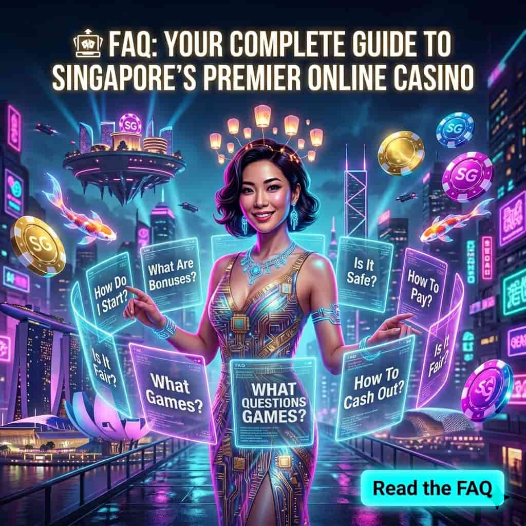 Square promotional image showing an Asian female presenter in a neon cyberpunk fantasy Singapore casino setting holding holographic FAQ panels, headline "FAQ: Your Complete Guide to Singapore's Premier Online Casino", captions about licensing, bonuses and payments, and a clear "Read the FAQ" call-to-action; bright magenta, teal and gold palette, vivid lighting, and stylized skyline elements create a bold hook for users seeking a Singapore online casino FAQ guide.