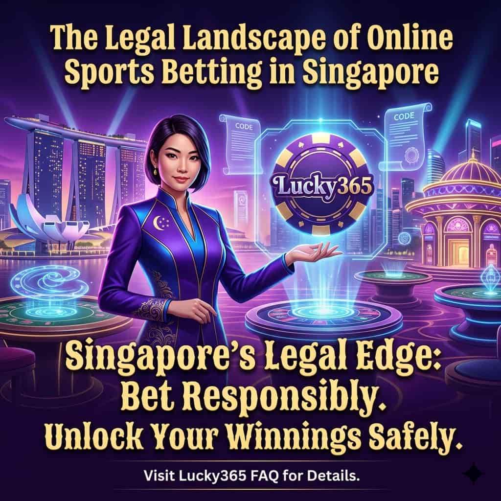 Engaging 1:1 image showcasing an Asian female presenter in a futuristic, casino-themed Singapore, highlighting the legal landscape of online sports betting with bold typography and vibrant colors, promoting responsible gaming and the Lucky365 platform.