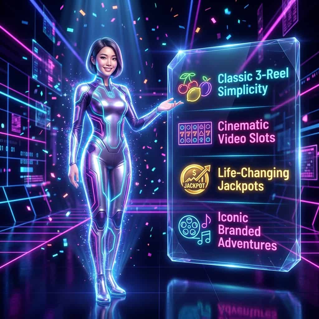 A futuristic Asian female presenter as a hologram in a glamorous digital casino, showcasing different types of online slots on a crystalline interface. Bold text highlights categories like classic slots, video slots, progressive jackpots, and branded games, set against a neon-lit backdrop with vibrant lighting effects and a colorful palette designed to grab attention for casino gaming content.